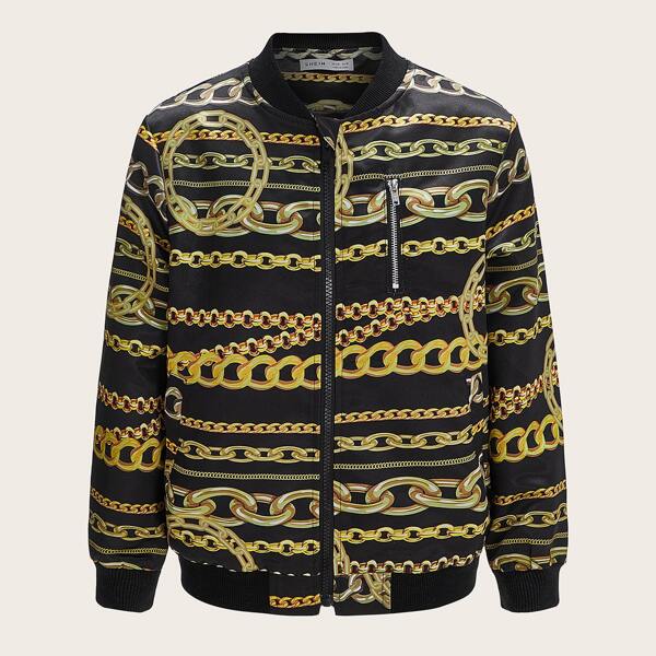 

Boys Chain Print Zipper Up Bomber Jacket, Black
