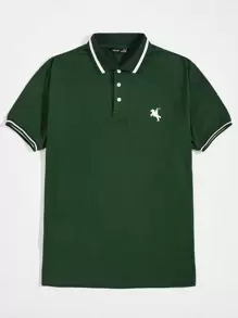 GENTILAND Men Cotton Graphic Print Striped Polo Shirt - Green - View 1