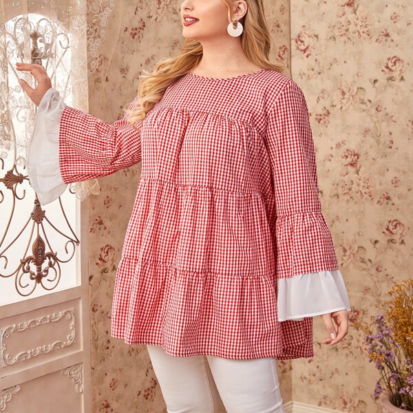 

Plus Bell Sleeve Gingham Smock Top, Red and white