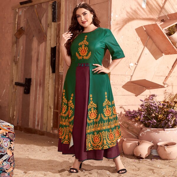 

Plus Tribal Print Tassel Trim Overlay Dress, Multicolor