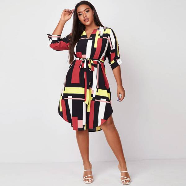 

Plus Curved Hem Belted Patchwork Dress, Multicolor