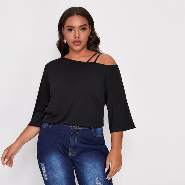 

Plus Asymmetrical Neck Solid Tee, Black