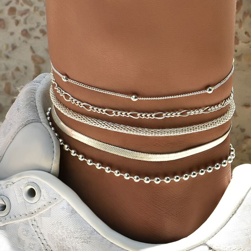 

5pcs Metal Beaded Anklet, Silver