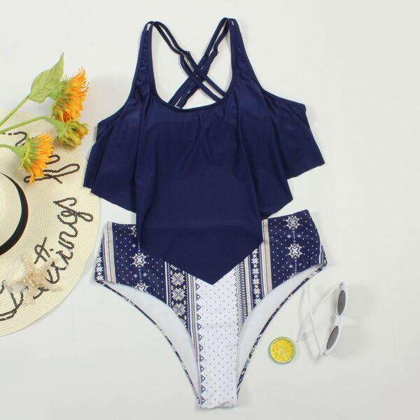 

Plus Tribal Hanky Hem Bikini Swimsuit, Navy blue