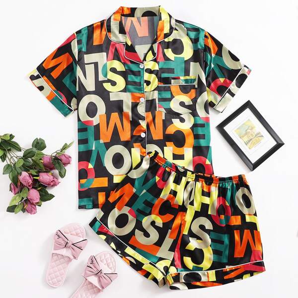 

Plus Allover Letter Print Satin Pajama Set, Multicolor