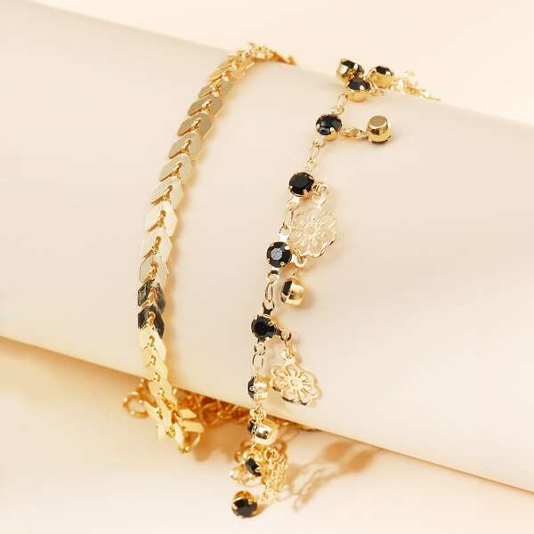 

2pcs Flower Tassel Charm Anklet, Gold