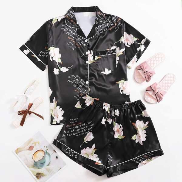 

Plus Floral And Slogan Graphic Pajama Set, Black