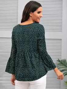 SHEIN LUNE Polka Dot High-Low Peplum Top - Dark Green - View 2