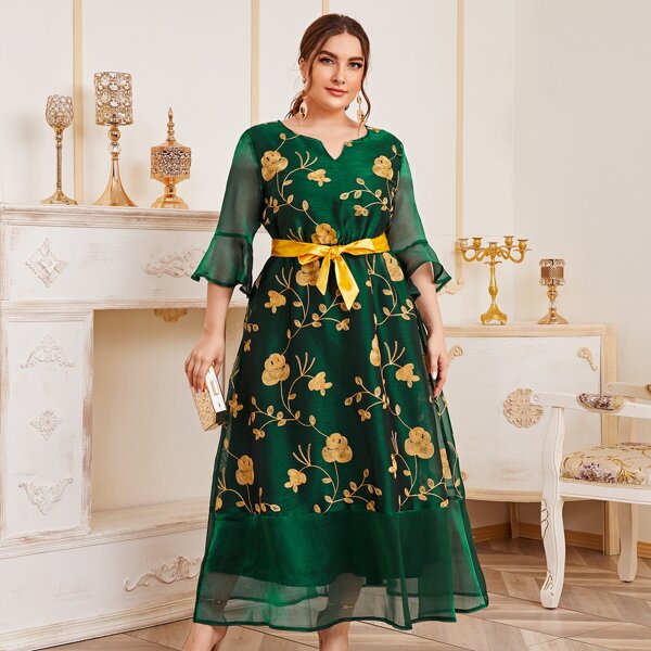 

Plus Floral Embroidery Mesh Panel Belted Dress, Green