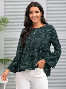 SHEIN LUNE Polka Dot High-Low Peplum Top - Dark Green - View 4