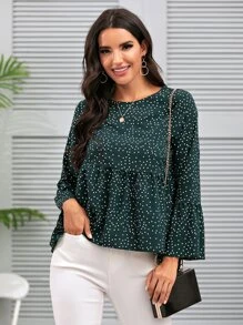 SHEIN LUNE Polka Dot High-Low Peplum Top - Dark Green - View 5