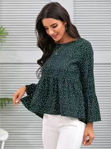SHEIN LUNE Polka Dot High-Low Peplum Top - Dark Green - View 6