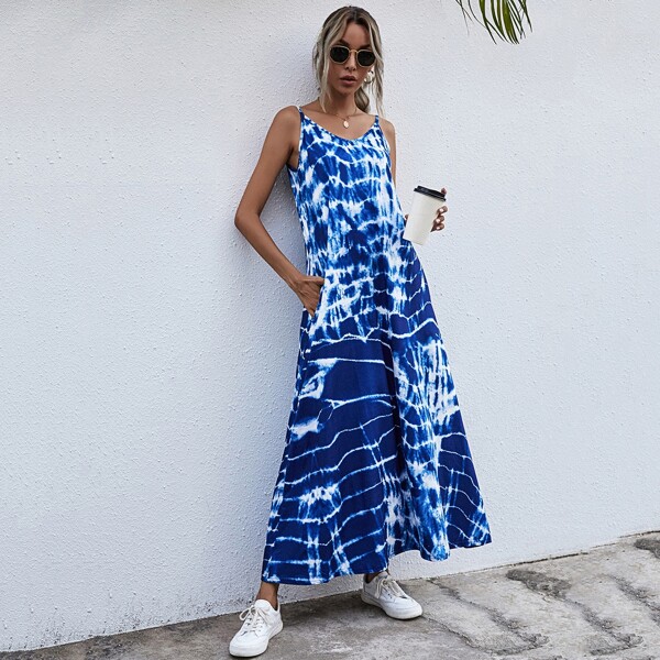 

Tie Dye Print Pocket Side Cami Dress, Blue and white