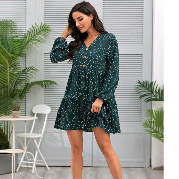 

Half Button Polka Dot Smock Dress, Dark green