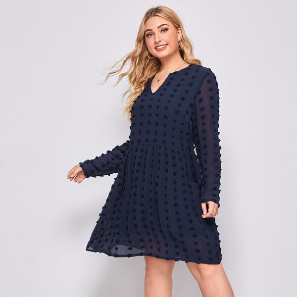 

Plus Notched Neck Swiss Dot Dress, Navy blue