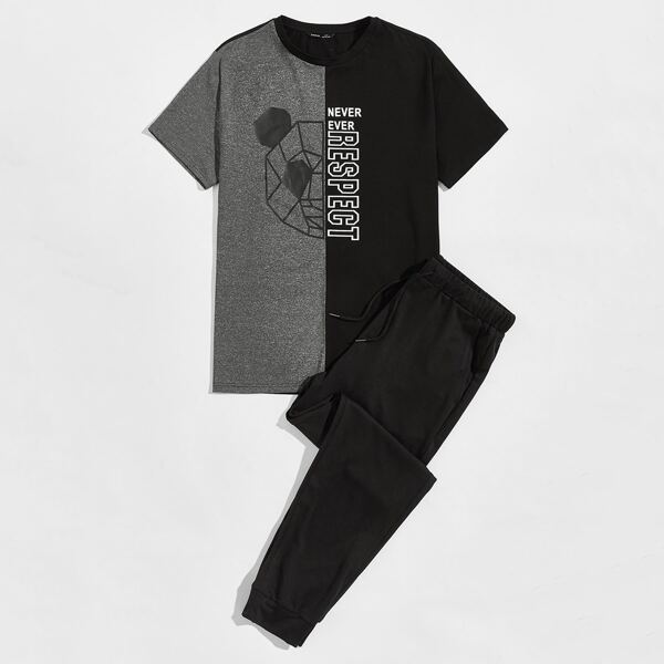

Men Slogan Graphic Colorblock Tee & Sweatpants Set, Black