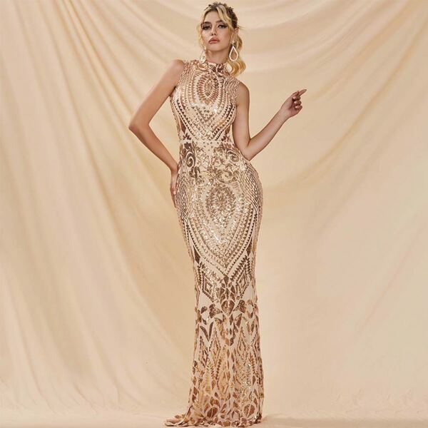 

Mock-neck Sequin Prom Dress, Apricot