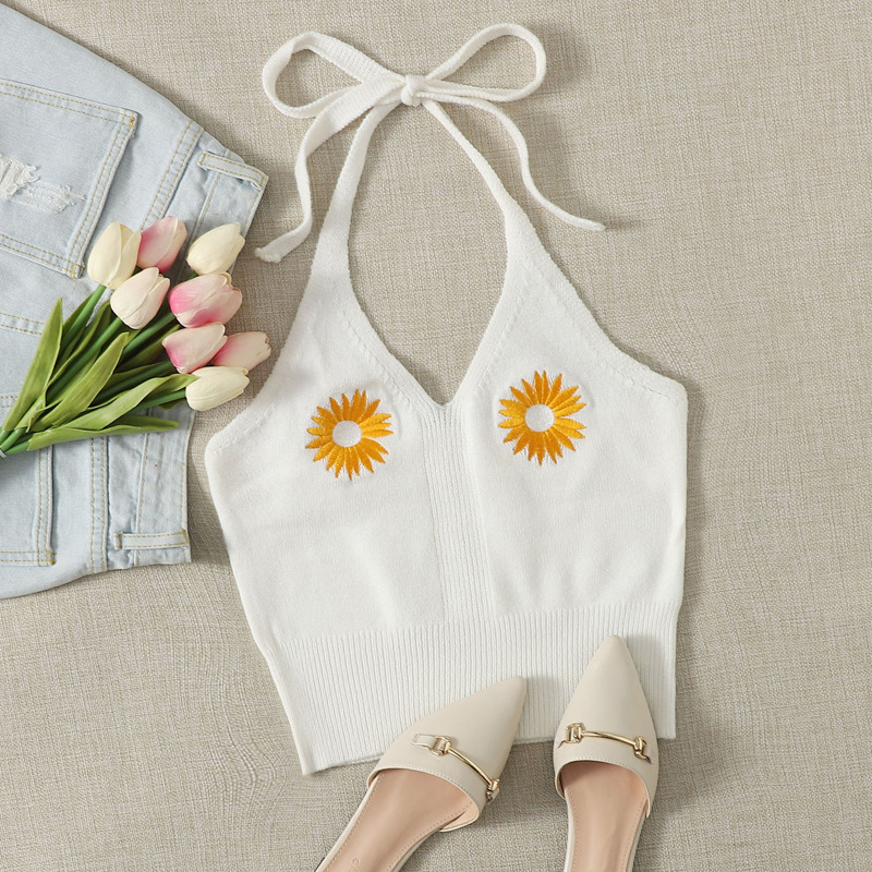 

Floral Embroidery Knit Halter Top, White
