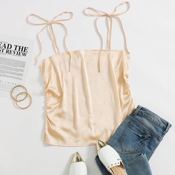 

Plus Tie Shoulder Shirred Back Satin Cami Top, Apricot
