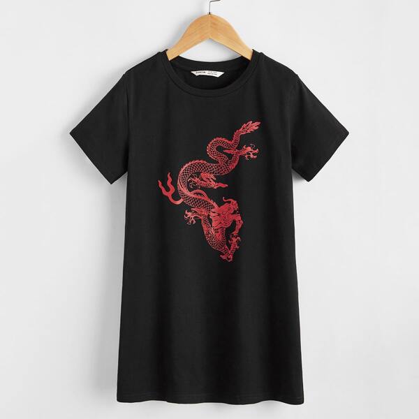 

Girls Dragon Graphic Tee Dress, Black