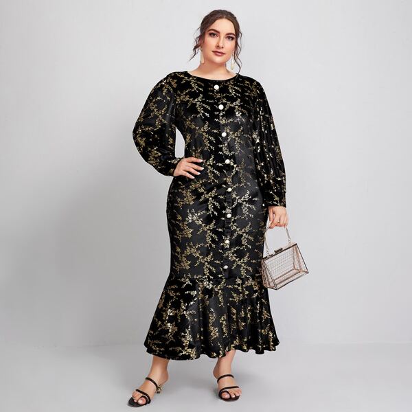 

Plus Allover Floral Button Front Mermaid Dress, Black