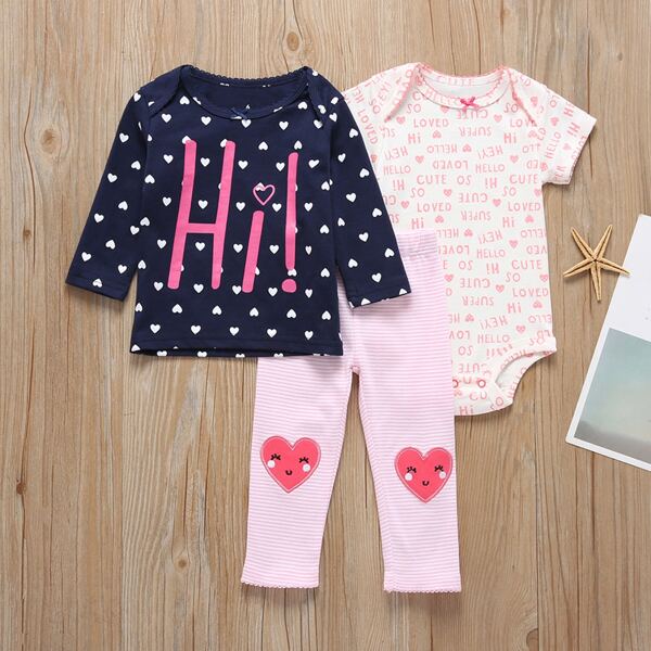 

Baby Girl 3pcs Letter Graphic Bodysuit & Heart Print Tee & Striped Leggings, Multicolor