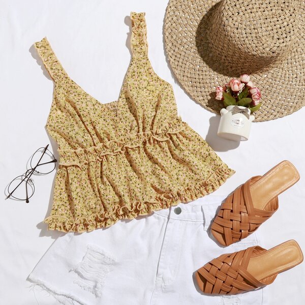

Shirred Back Frill Trim Ditsy Floral Top, Mustard yellow