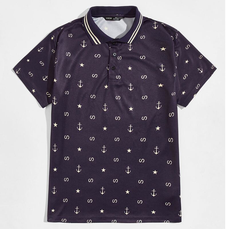 

Guys Striped Collar Allover Letter Graphic Polo Shirt, Navy blue