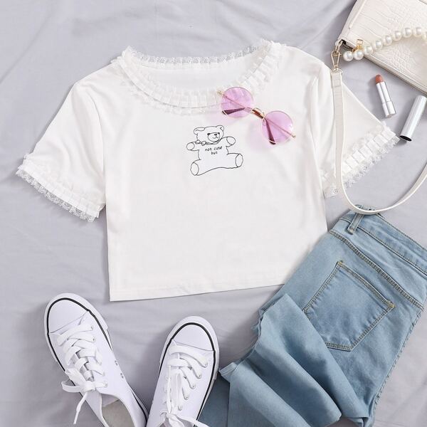 

Lace Trim Toy Bear & Slogan Graphic Tee, White