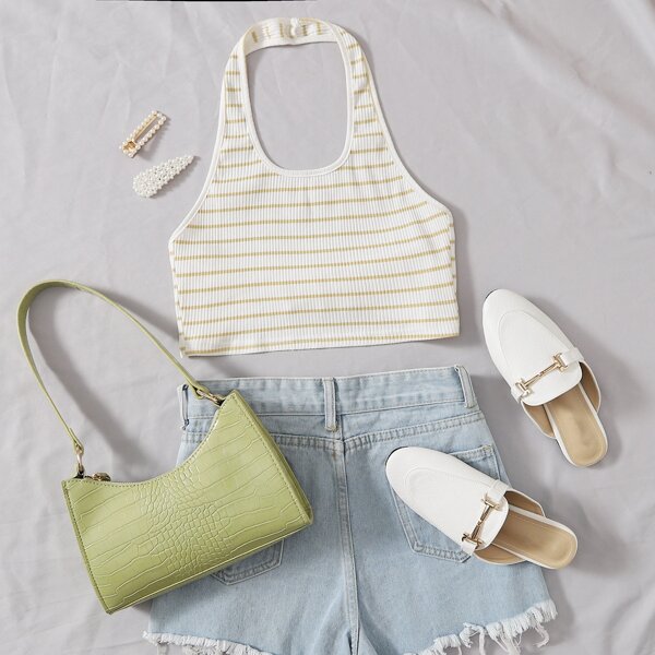 

Tie Backless Rib-knit Striped Halter Top, White