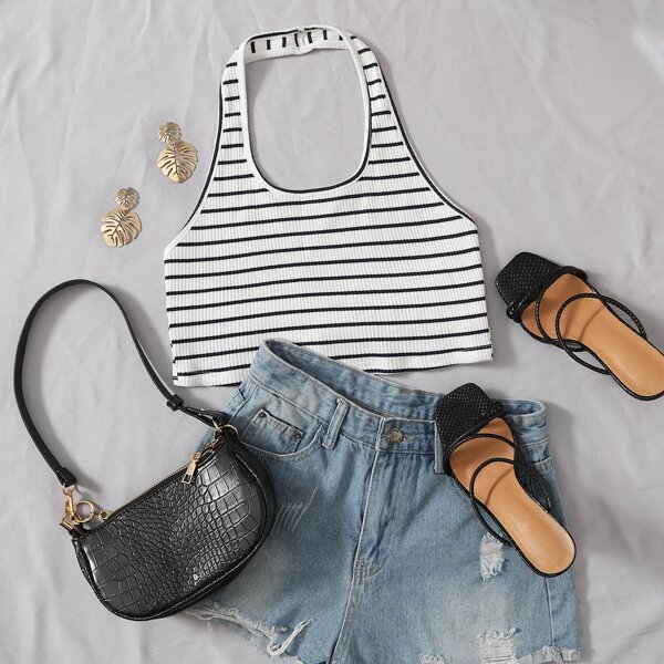 

Tie Back Rib-knit Striped Halter Top, Black and white