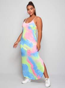 SHEIN VCAY Plus Curved Split Hem Tie Dye Cami Dress - Multicolor - View 3