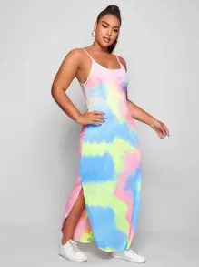 SHEIN VCAY Plus Curved Split Hem Tie Dye Cami Dress - Multicolor - View 4