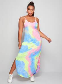 SHEIN VCAY Plus Curved Split Hem Tie Dye Cami Dress - Multicolor - View 1