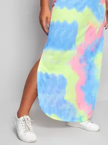 SHEIN VCAY Plus Curved Split Hem Tie Dye Cami Dress - Multicolor - View 5