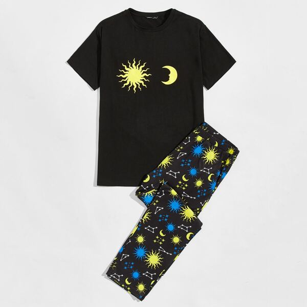 

Men Short Sleeve Top & Galaxy Print Pants PJ Set, Black