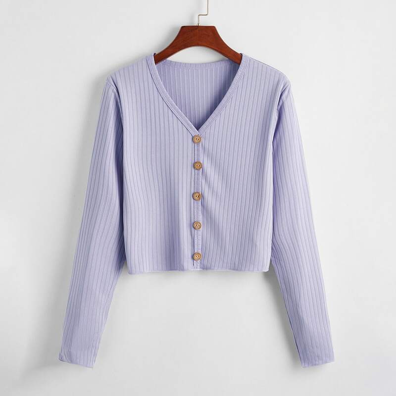 

V-neck Button Front Solid Tee, Lilac purple