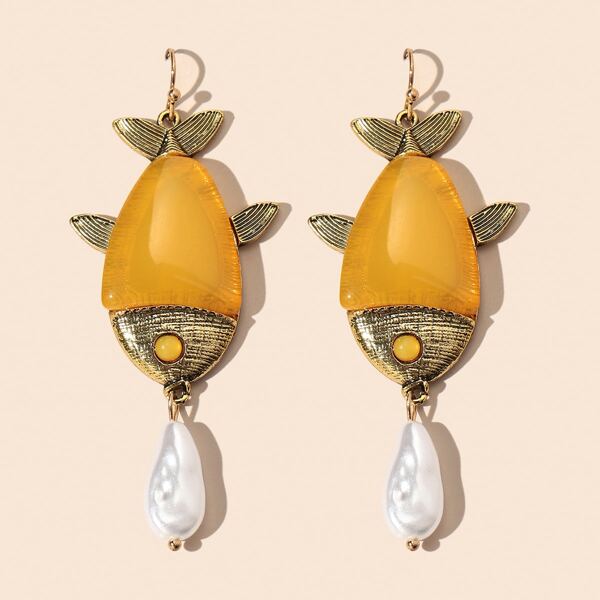 

Faux Pearl Decor Fish Drop Earrings, Yellow