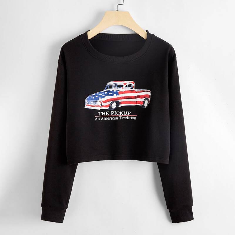 

American Flag And Slogan Graphic Sweatshirt, Black