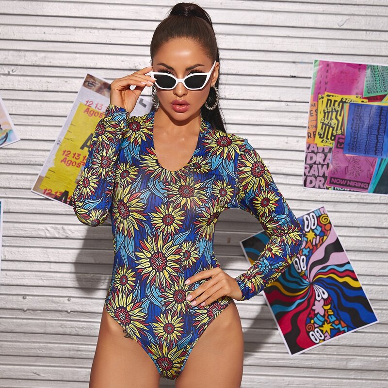 

Sunflower Print Slim Fit Bodysuit, Multicolor