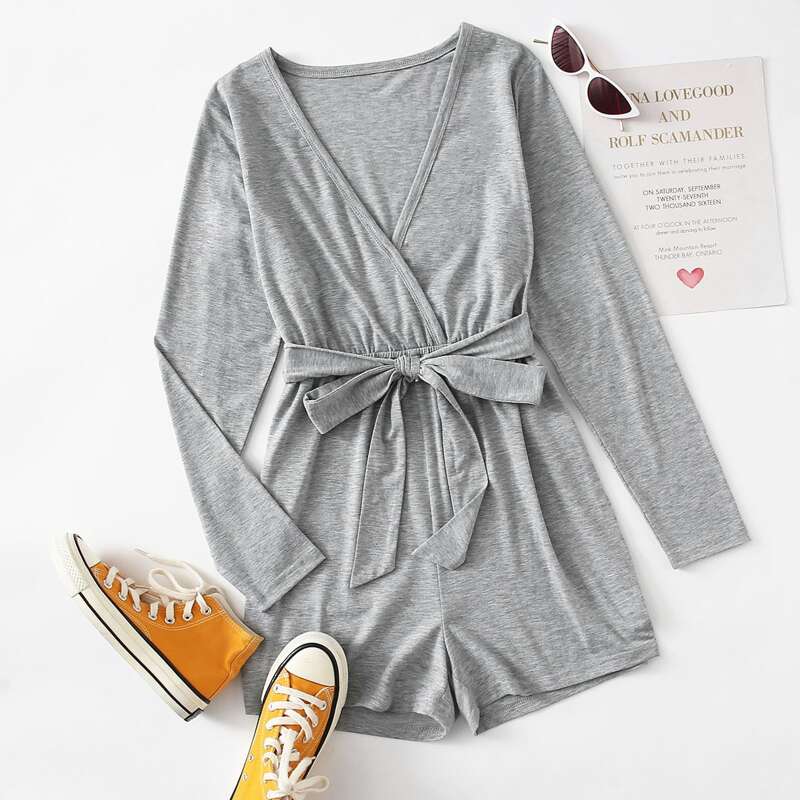 

Surplice Front Self Tie Tee Romper, Grey