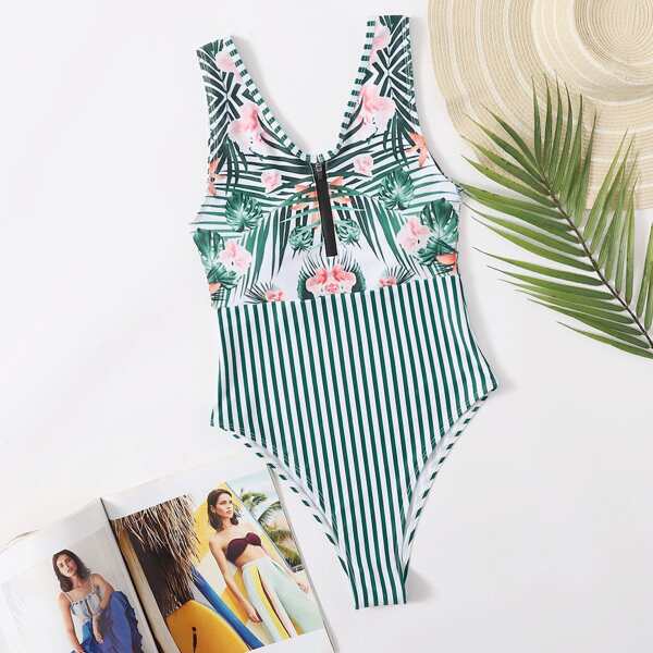 

Striped & Tropical One Piece Swimsuit, Green