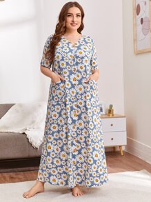 SHEIN Unity 大碼小雛菊花卉圖案紐扣口袋細節睡衣 - 彩色 - 查看 4