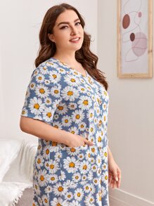 SHEIN Unity 大碼小雛菊花卉圖案紐扣口袋細節睡衣 - 彩色 - 查看 5