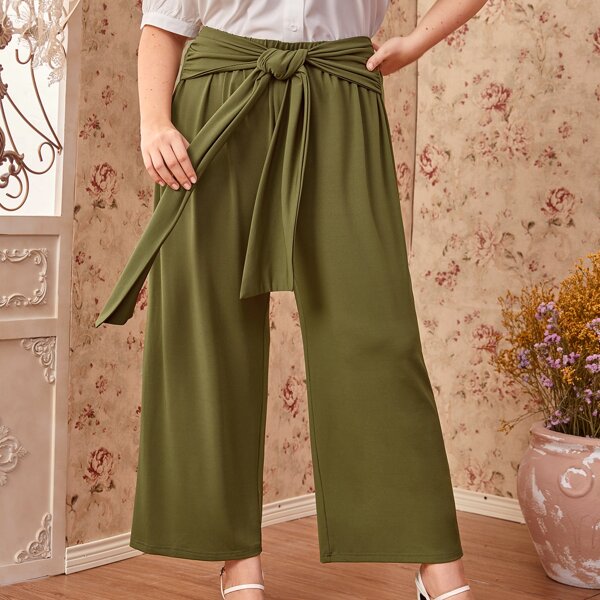 

Plus Tie Front Wide Leg Pants, Army green