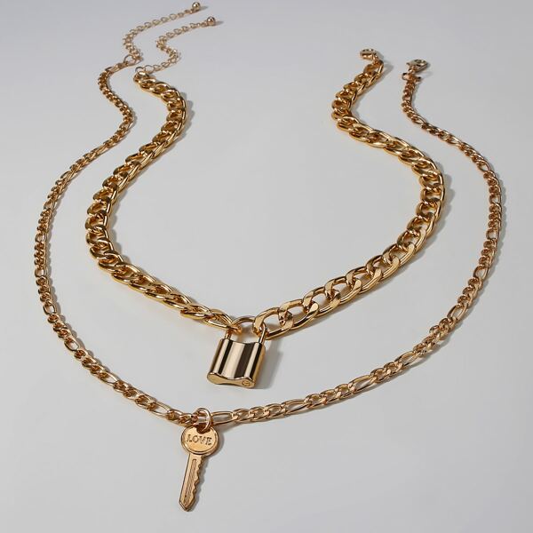 

2pcs Men Key Lock Pendant Necklace, Gold