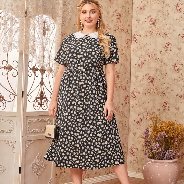

Plus Daisy Floral Print Peter Pan Collar Dress, Black