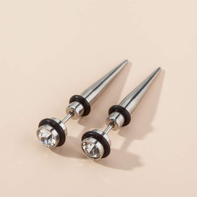 

Guys Rhinestone Cone Decor Stud Earrings, Silver