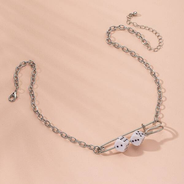 

Dice & Safety Pin Decor Necklace, White