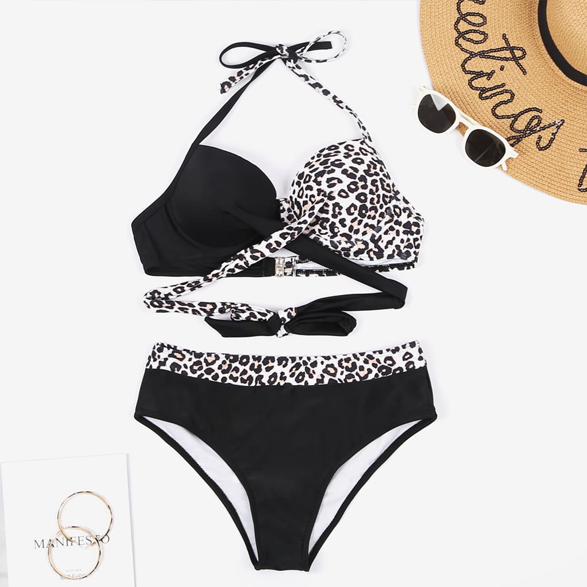 

Contrast Leopard Twist Push Up Bikini Swimsuit, Black